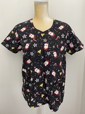 Sanibel Scrub Christmas Santa Snow Womens Small/Medium Black Nurse Medical Top