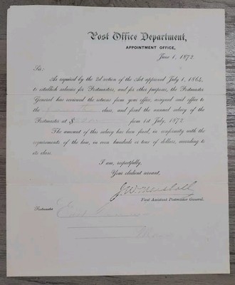 1872 United States Post Office Letter RE Annual Salary of Postmaster USPS RARE