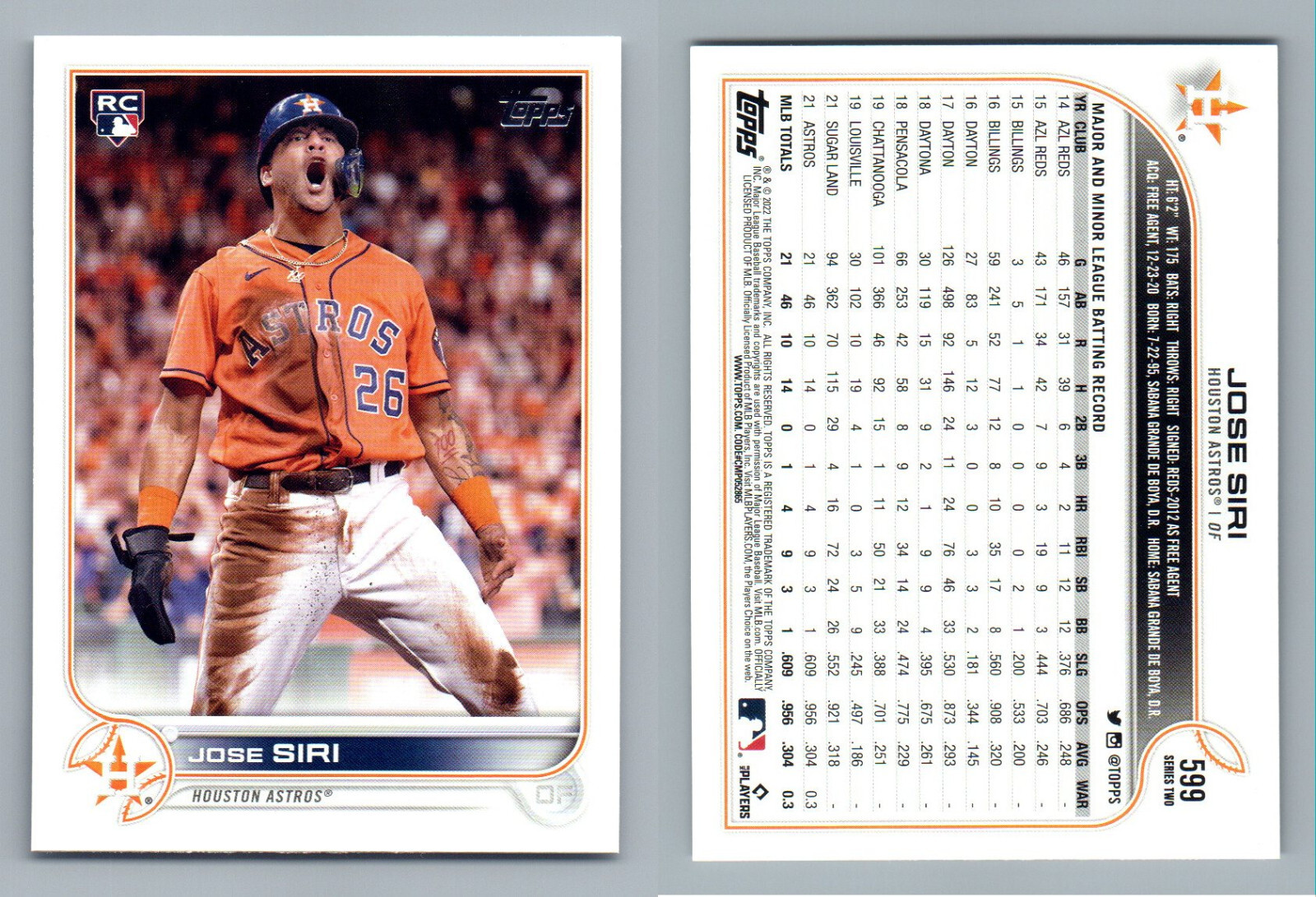 2022 TOPPS SP SHORT PRINT VARIATION RC 599 JOSE SIRI ASTROS METS