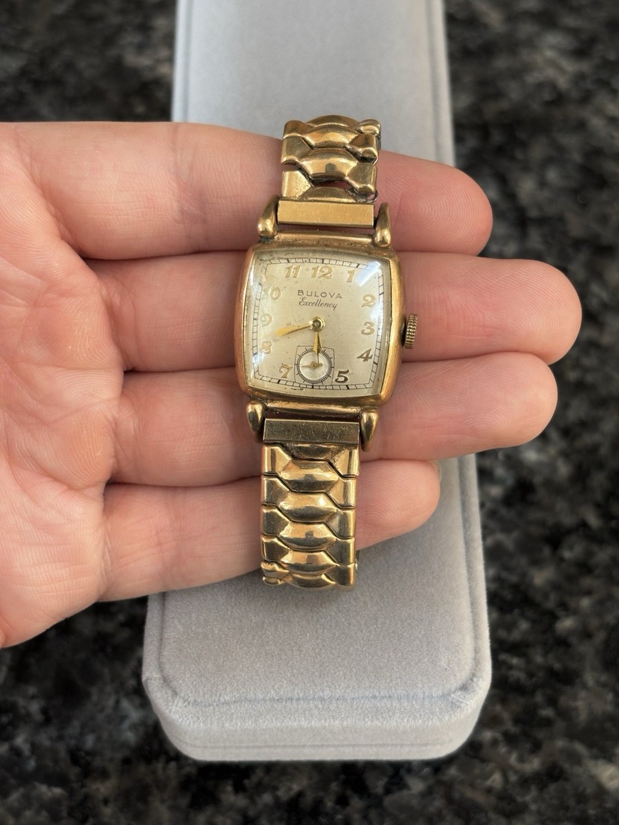 Vintage Bulova Excellency 10BM Mens 21 Jewels USA 10k GF Art Deco - Main Image