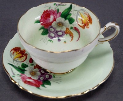 Vintage Paragon Pink Rose & Multi-color Floral Pale Green Tea Cup & Saucer