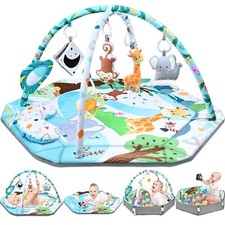 Baby Gym Play Mat, 8-in-1 Tummy Time Mat  Ball Pit with 6 Toys, Washable Baby A
