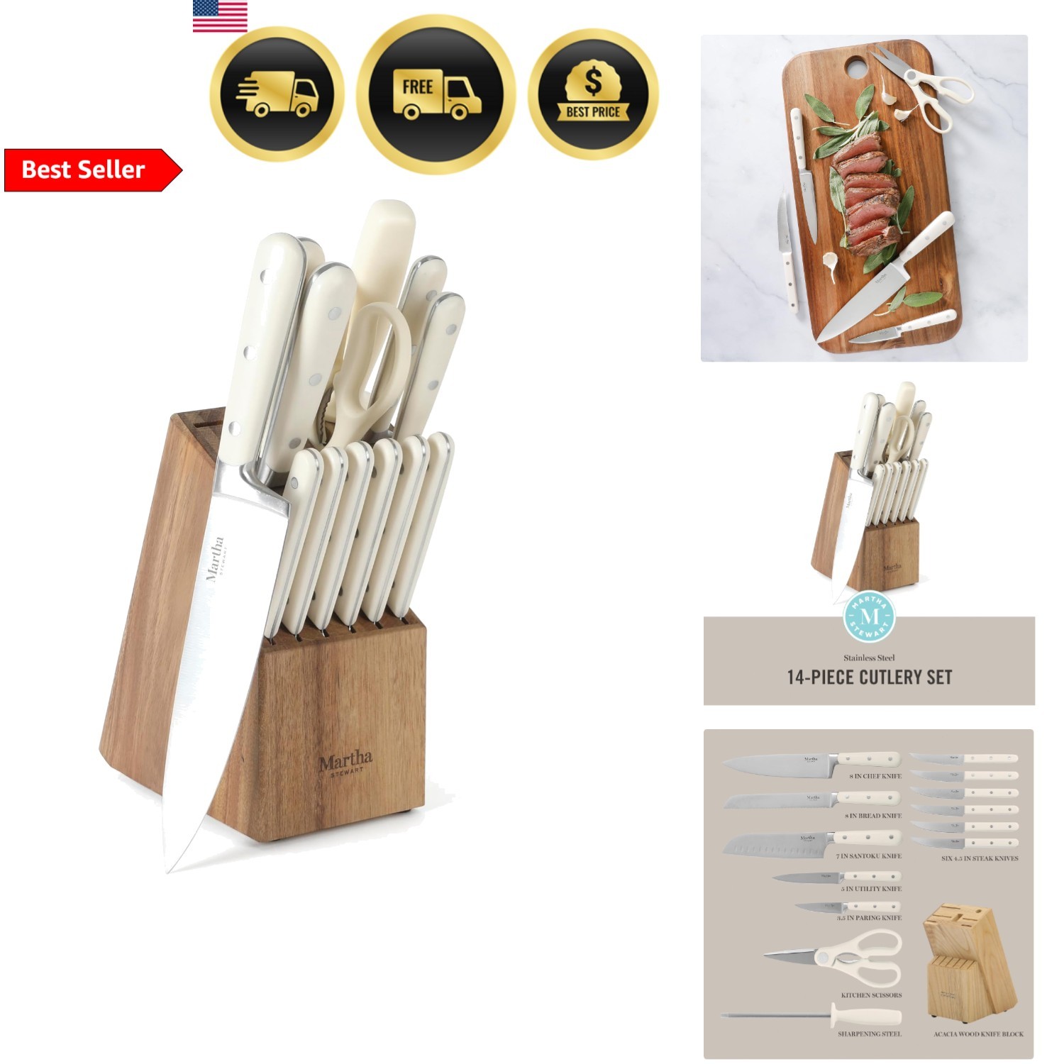 Set 14 Pieces Stainless Steel Cutlery Block Knives Cookware