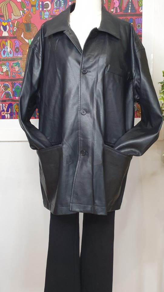 ZOU Studio Size 16 Women's Black Faux Leather Coat Buttons Jacket Patch Pockets