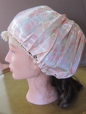 Antique Edwardian Pink Pattern Silk and Crochet Hand Made Nightcap/Hair bonnet