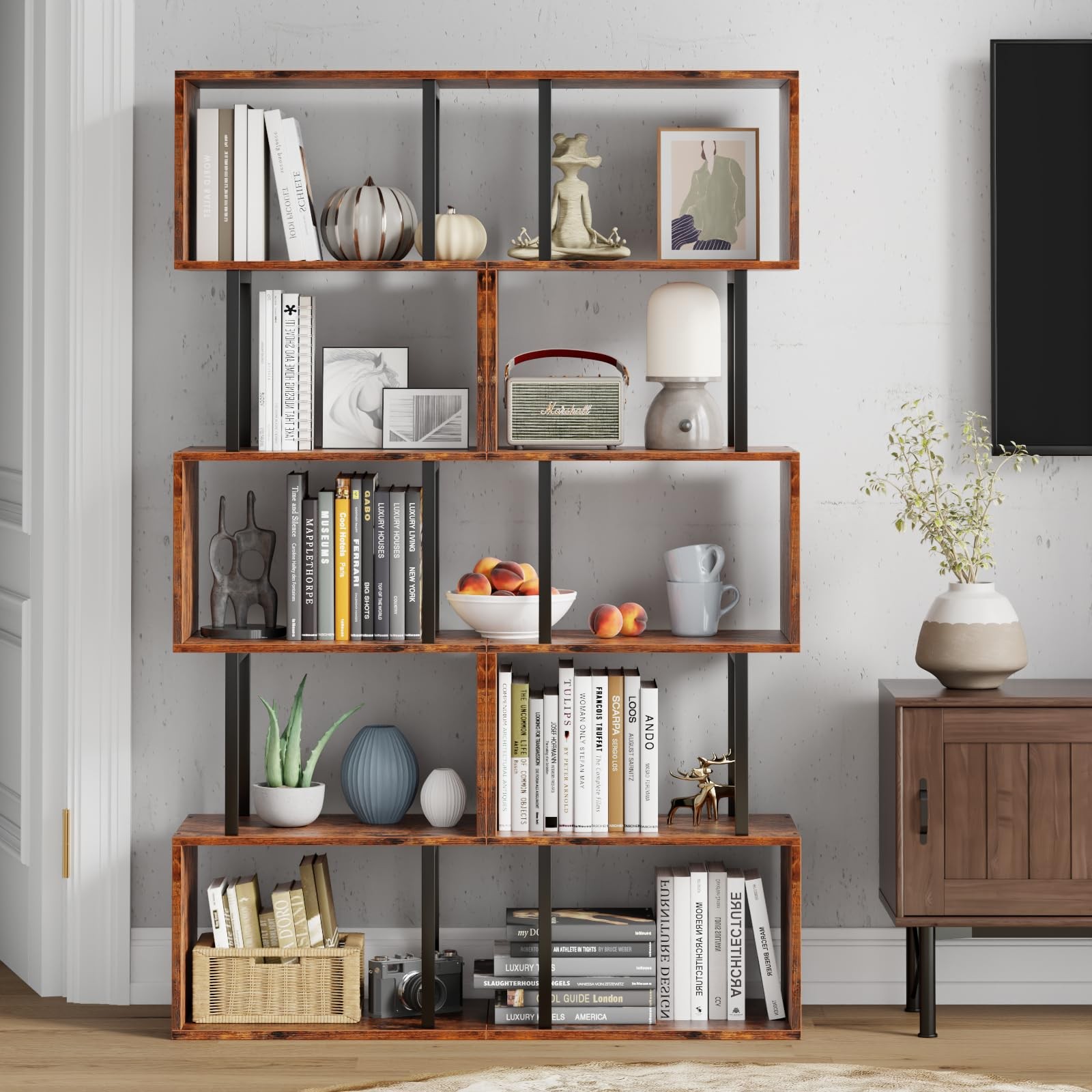 6 Tier Bookshelf, Tall S Shaped Geometric Bookcase, Modern Display Shelf Stan...