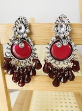 Stunning Silver and Maroon Coloured Earrings With White Stones