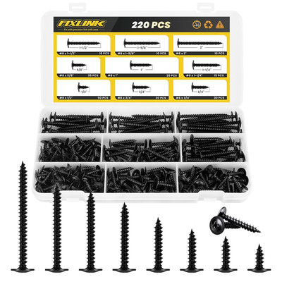 220 PCS #8 Truss Head Black Wood Screws Assortment Kit,Fixlink High Hardness Woo