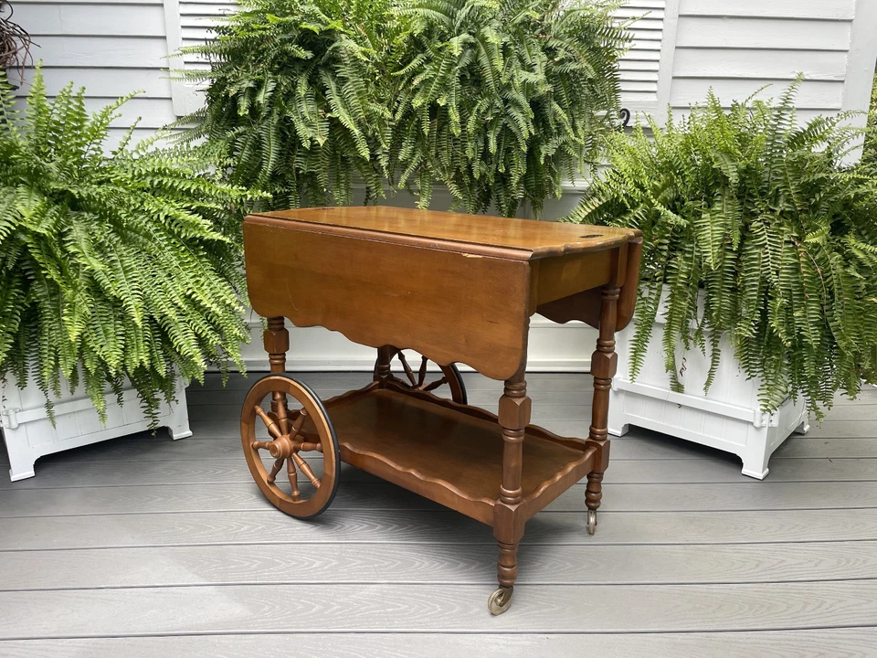 VTG ETHAN ALLEN MAPLE ROLLING TEA CART DROP LEAF SIDE END COFFEE TABLE W/ SHELF - Image 4 of 4