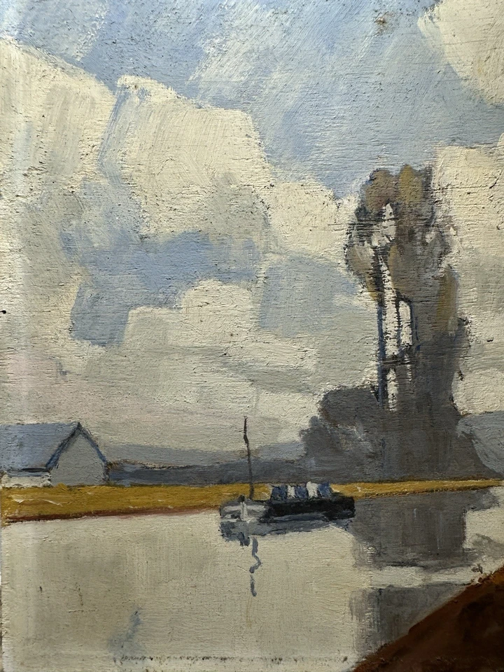 Peinture ancienne paysage rivière péniche peupliers huile sur panneau signée - Photo 4/4
