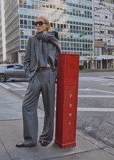 NWT MANGO MNG GRAY PINSTRIPE WOOL BLEND WIDE LEG SUIT PANTS SZ 40 US 8