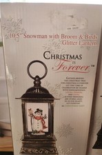 NIB 10.5" Christmas Snowman With Broom  Birds Glitter Lantern Snow Globe Style