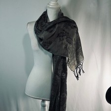 Charcoal Grey Paisley Pashmina Wrap Scarf Cashmere Feel Floral Shawl with Fringe