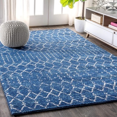 Durable Kitchen 4X6 Blue White Moroccan Trellis Area Rug Soft Pet Friendly
