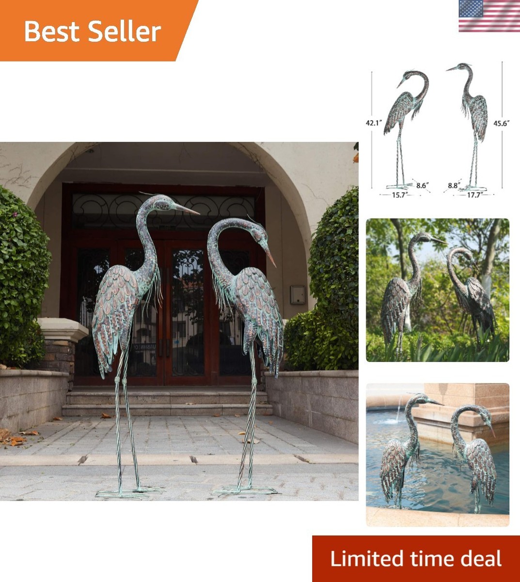 Elegant Set of 2 Garden Crane Statues – Copper Patina 42-46 Inch