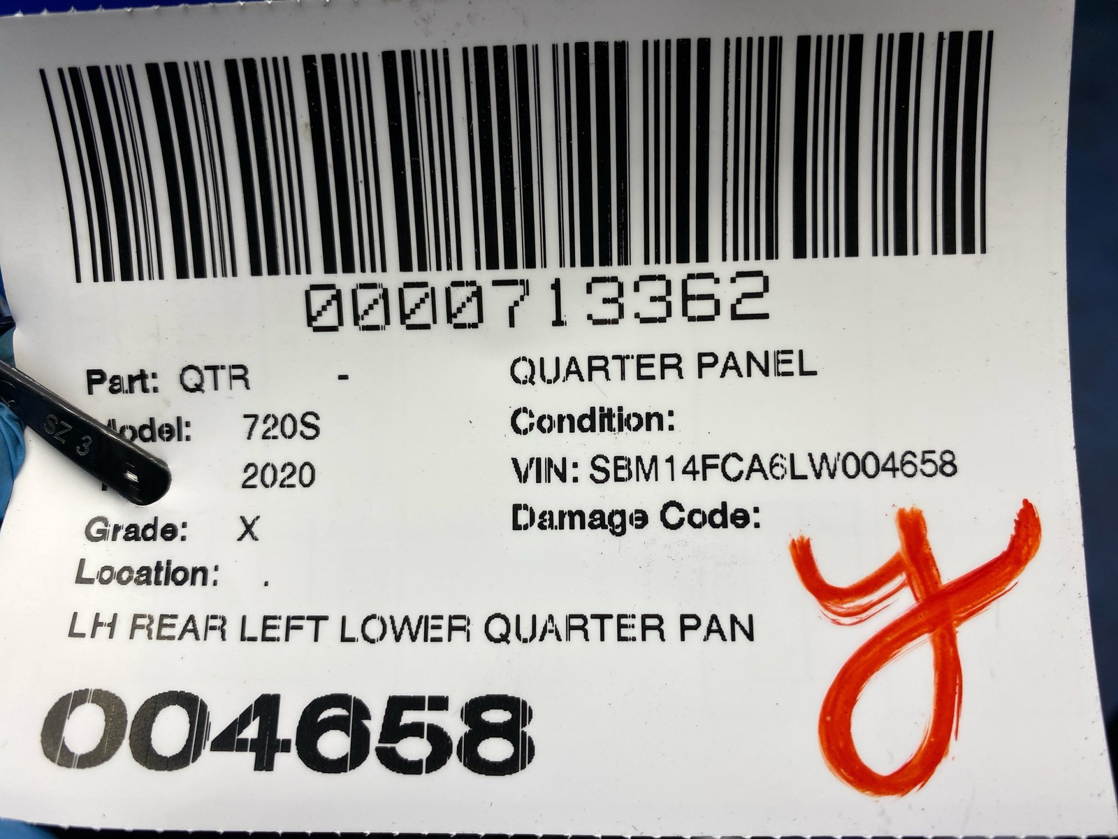 2018-2023 MCLAREN 720S REAR LEFT LOWER QUARTER PANEL SIDE SKIRT PANEL 14AC625CP