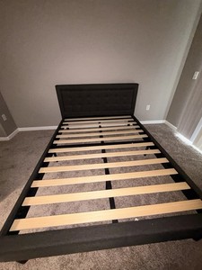 Gray Upholstered Tufted Platform Bed Frame, Slatted Foundation, Queen