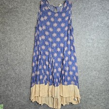 En Creme Sleeveless Summer Shift Dress Blue Cream Fringe Hem Knee Length Size L