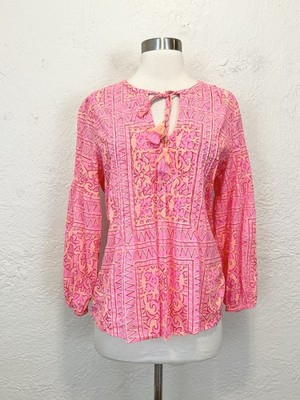 Vineyard Vines Blouse Top Pink Orange Pleated Tassel Boho Bohemian Ethnic S