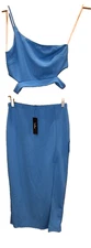 Lulus Two Piece Skirt Set Midi One Shoulder Crop Top Blue L Lined Slit NEW