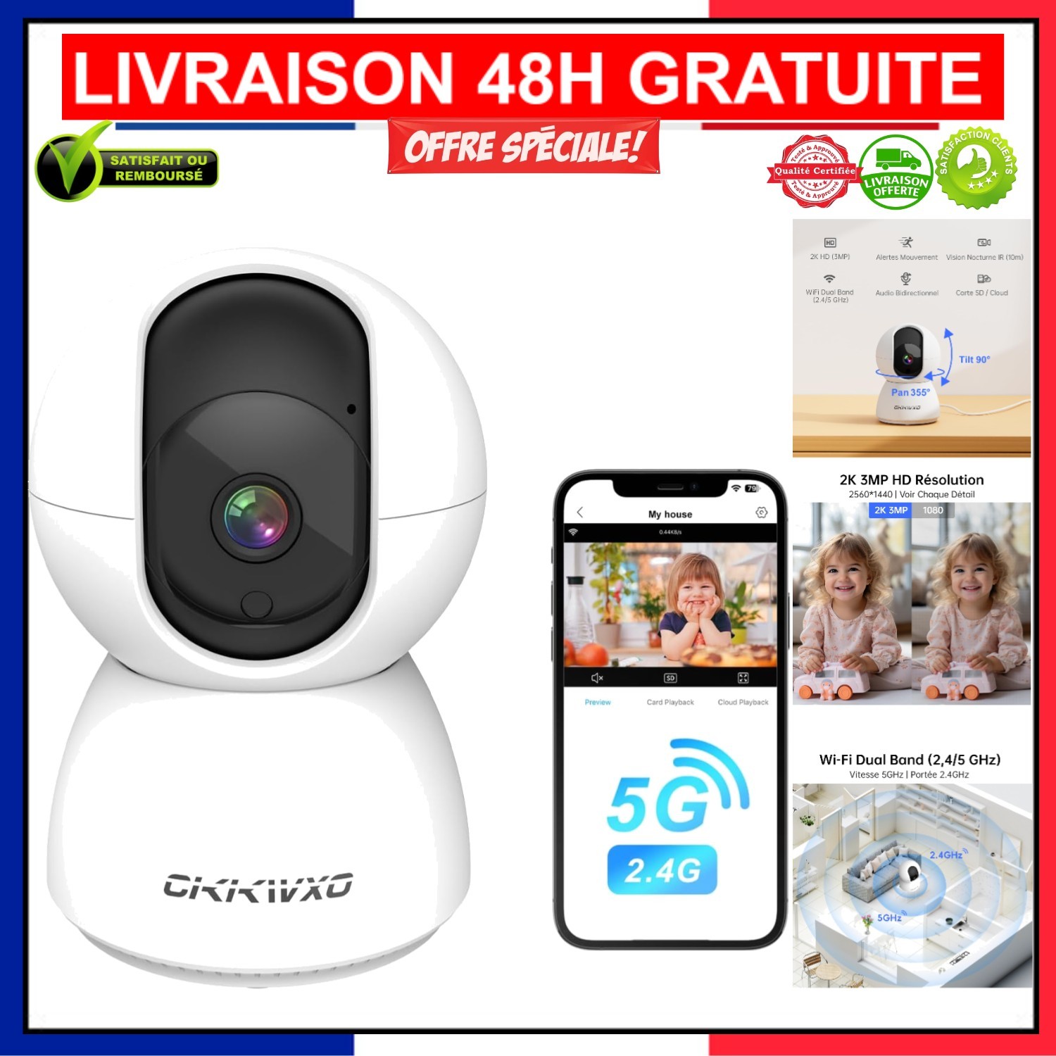 Caméra de surveillance 2K wifi sans fil avec vision nocturne infrarouge et appli smartphone