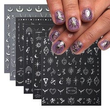 6 Sheets Metallic Nail Art Stickers Decals 3D Self-Adhesive Sun Stars Silver