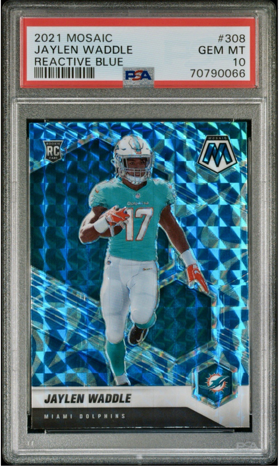2021 Panini Mosaic Reactive Blue RC Jaylen Waddle #308.  PSA 10