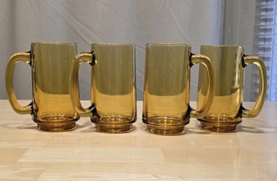 4 Vintage Amber Mug Glass Drinking Stein  With Handle Beer Mug Set/4