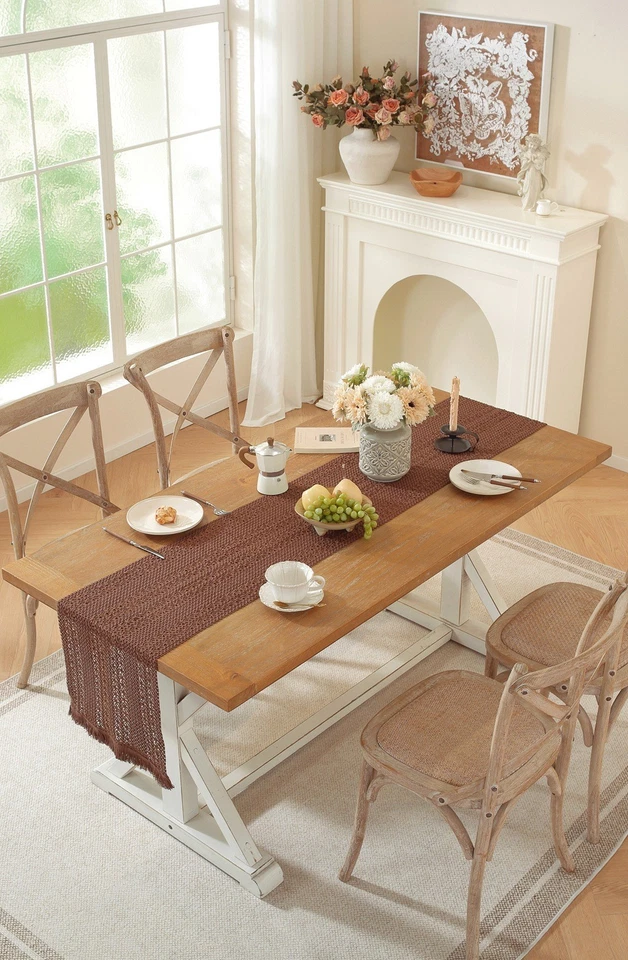 Vintage Knitted Lace Table Runner Tassel Rustic Dining Home Kitchen Deco Gift - Image 4 of 4