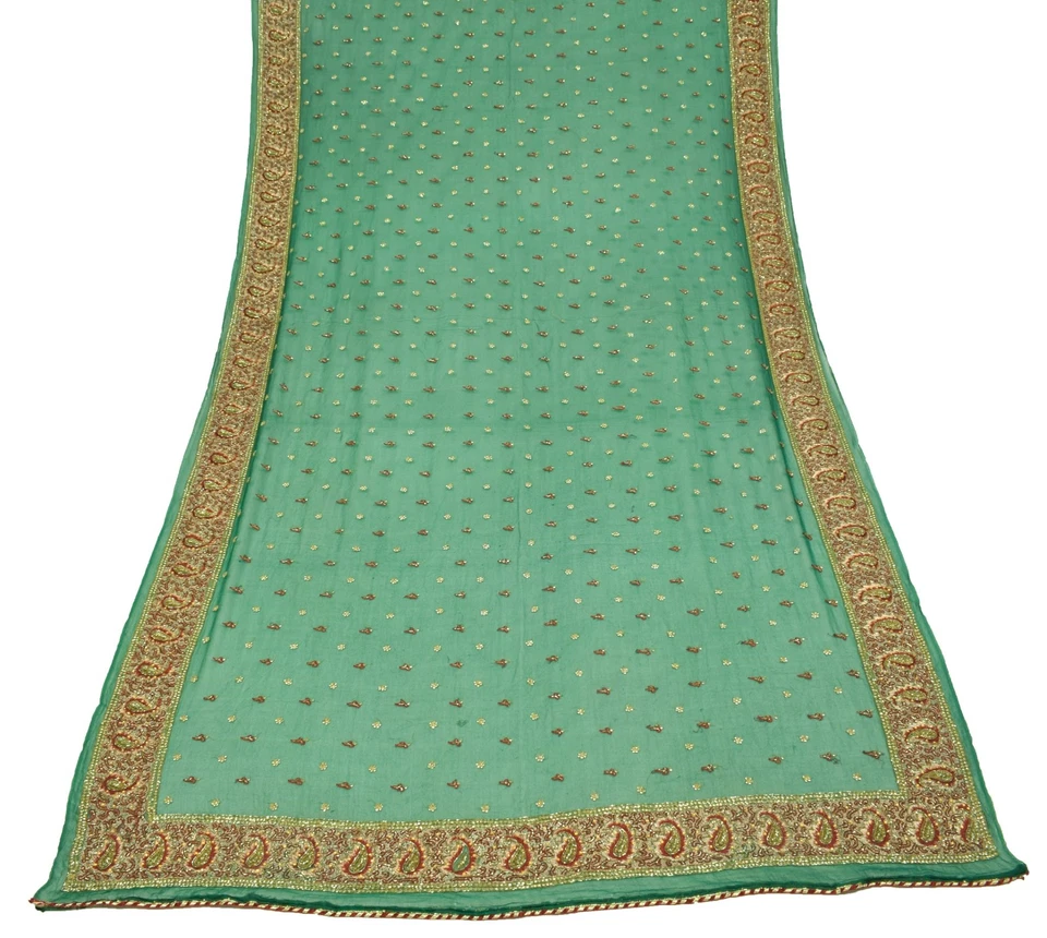 Sushila Vintage Green Dupatta Pure Georgette Glass Beads Embellish Long Stole - Image 2 of 4