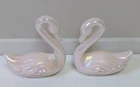 Pair Fenton Art Glass Iridescent Opalescent White Pink Swan Figurine Figure
