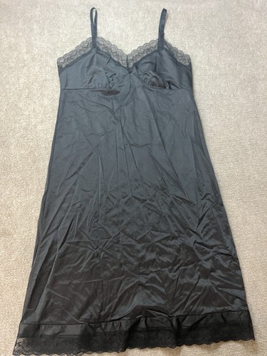 Vintage Slip Dress Black 34 Adjustable Lace Ruffle Nylon Satin Lingerie Midi - Picture 6 of 11