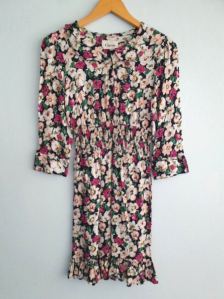 GANNI Cecilia Crepe Dress Womens AU XS 6 ? Collar Garden Floral Mini Peter Pan