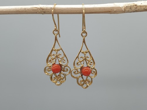 Vintage 9ct Yellow Gold Red Coral Earrings 9K Ornate Drop Dangle Natural Corals - Picture 3 of 9