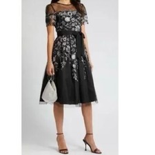 NWT Eliza J Embroidered Illusion Fit & Flare Dress Navy Sz 14