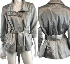 CACHE Jacket Small Metallic, Chic Silver Full Zip, 3/4 Sleeves, Lined Short