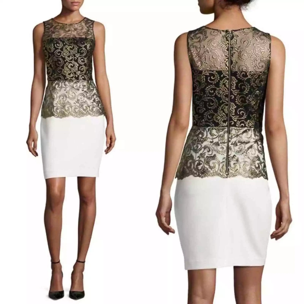 Sachin + Babi Noir Embroidered Lace Peplum Carolina Dress Size 10 Black Gold