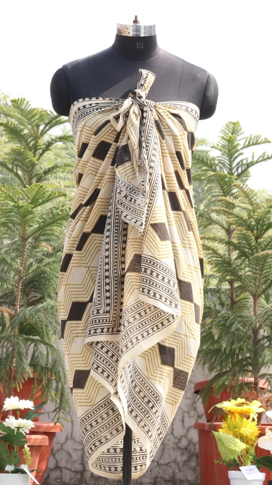 Pareo de algodón estampado en bloque a mano, pareo envolvente de playa azul, bufanda larga pareo grande Foto 4 de 4