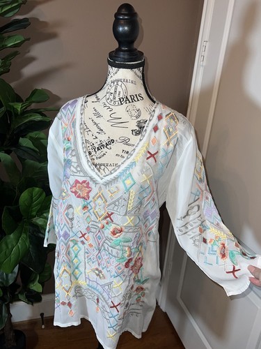 Johnny Was L Silky White Button Up Cool Embroidered Peasant Blouse Top Tunic - Picture 6 of 20