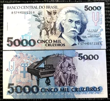 Brazil 5000 Cruzeiros 1990–1993 Banknote World Paper Money UNC Currency Bill