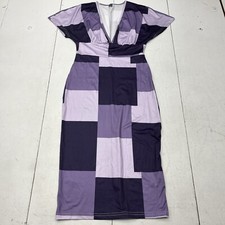 SHEIN Purple 3 Tone Geometric Pattern Short Cap Sleeve Midi Dress Womens Size S