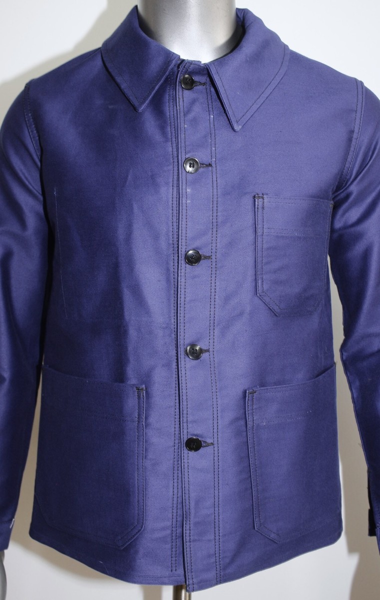 New French 1960s Blue Moleskin Work Chore Jacket Unbranded