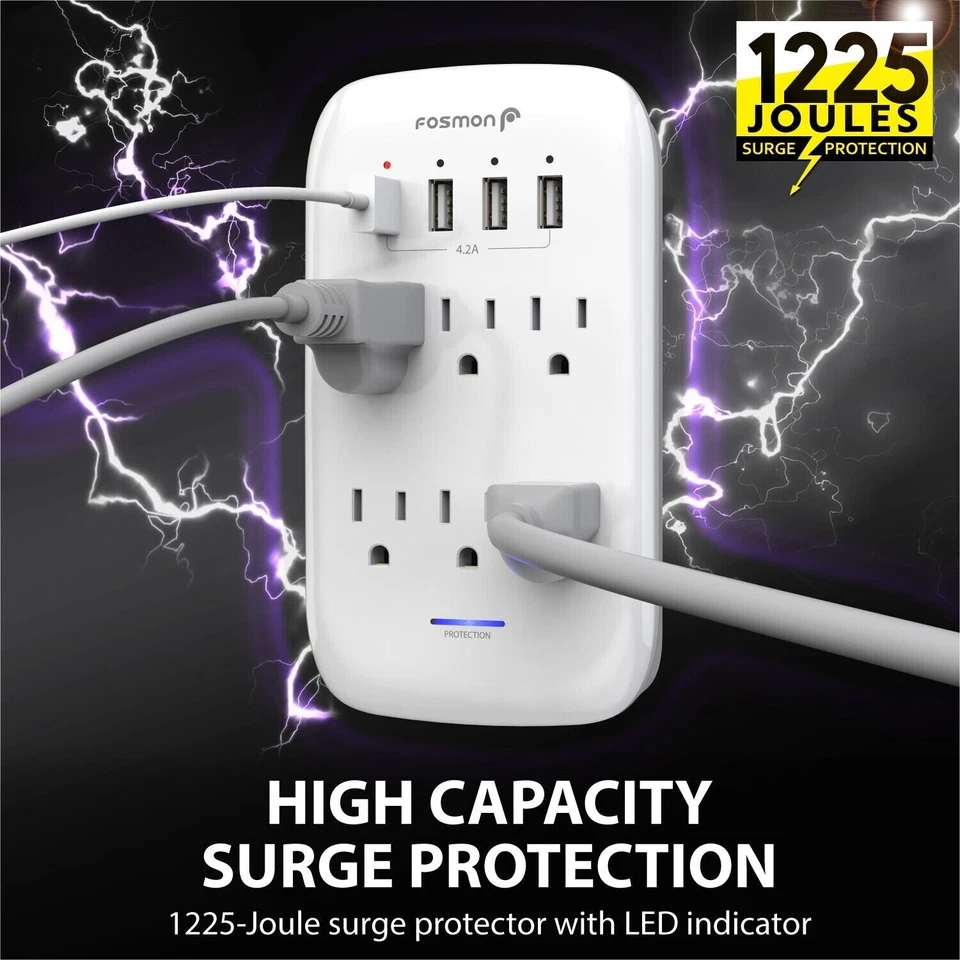 6 Outlet Extender 1225J Surge Protector With 4 USB Charger Port Wall Adapter Tap - Image 4 of 4
