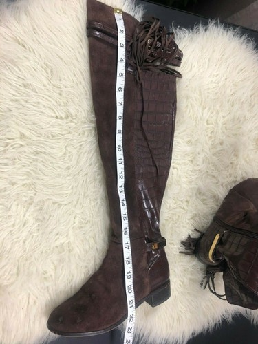 JUNE AMBROSE FRINGED KNEE HIGH LEATHER BOOTS BROWN SIZE 6.5 ZIPPERED - Picture 10 of 11