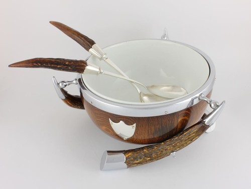 Antique English Oak, Deer Horn & Silver Plate Salad Trophy Bowl. Fruit Nut c1900 - Picture 6 of 14