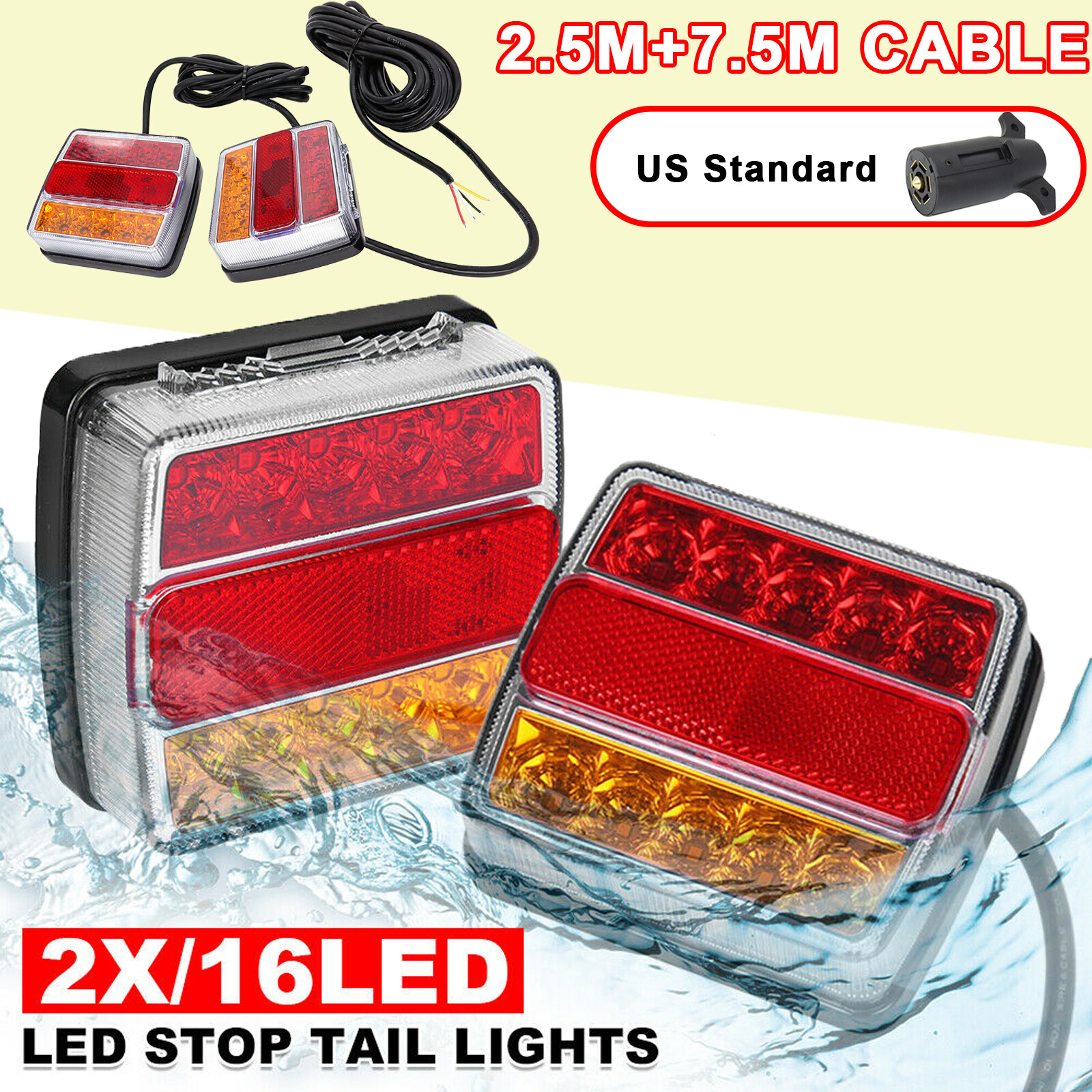 X2 12V Waterproof Square Trailer Tail Lights Brake Stop Lamps for Trucks Boats