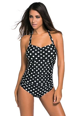 Maillot de bain 1 pièce noir pois blancs coupe rétro pinup vintage TAILLE 2XL - Photo 1/3