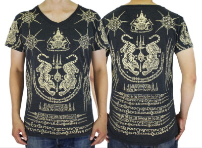 WORK Tiger Muay Thai Tattoo T-Shirt Men 5 Lines Rahu Yantra Sak Yant Amulet WK06