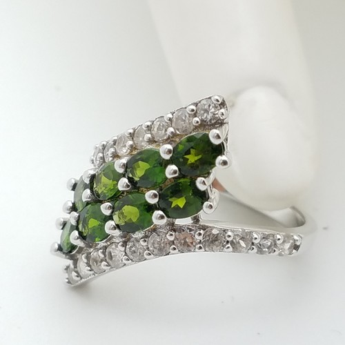 New Y Sterling Silver 925 Stunning Forest Green & White Topaz Cocktail Ring Sz 6 - Picture 4 of 10