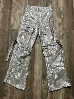 Zara Cargo Pants Women's S Silver Metallic Wide Leg Parachute Jogger Space  Cadet